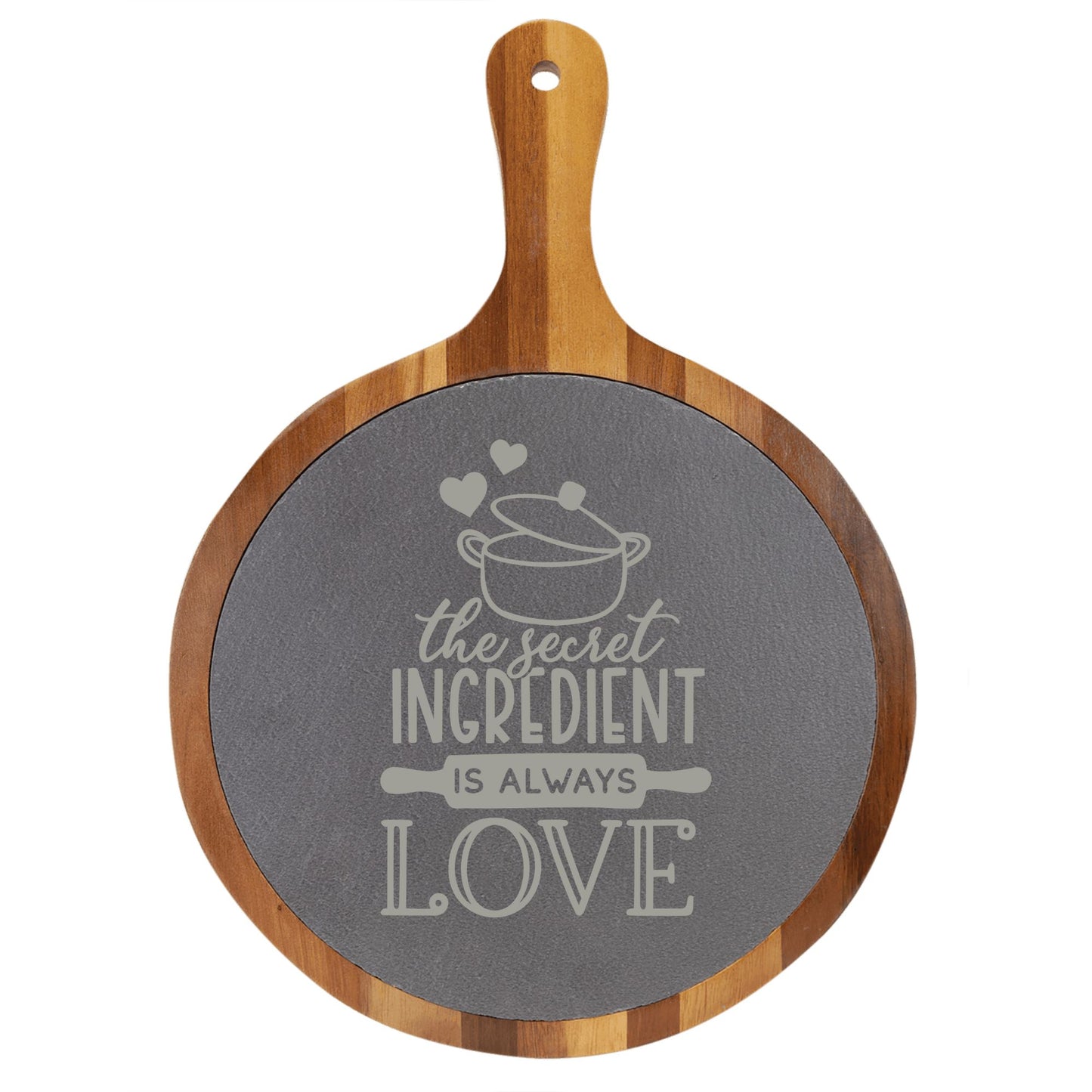 "The Secret Ingredient is Always Love" Round Acacia Wood/Slate Cutting Board - Laser Engraved