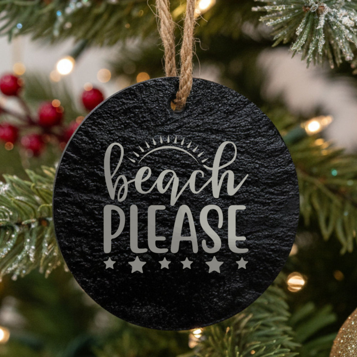 Round slate Christmas ornament engraved with Beach Please