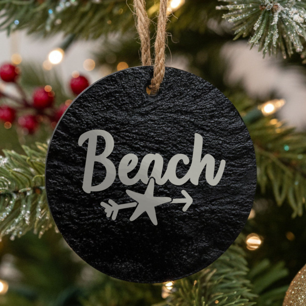 Round slate Christmas ornament engraved with Beach