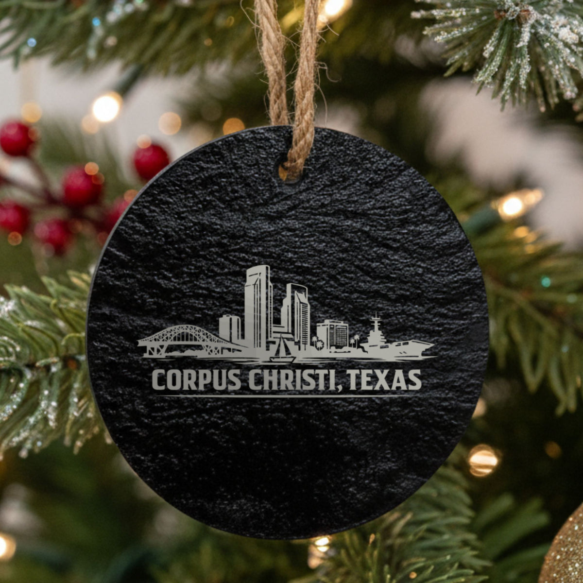 Corpus Christi, Texas skyline engraved on a round slate Christmas ornament