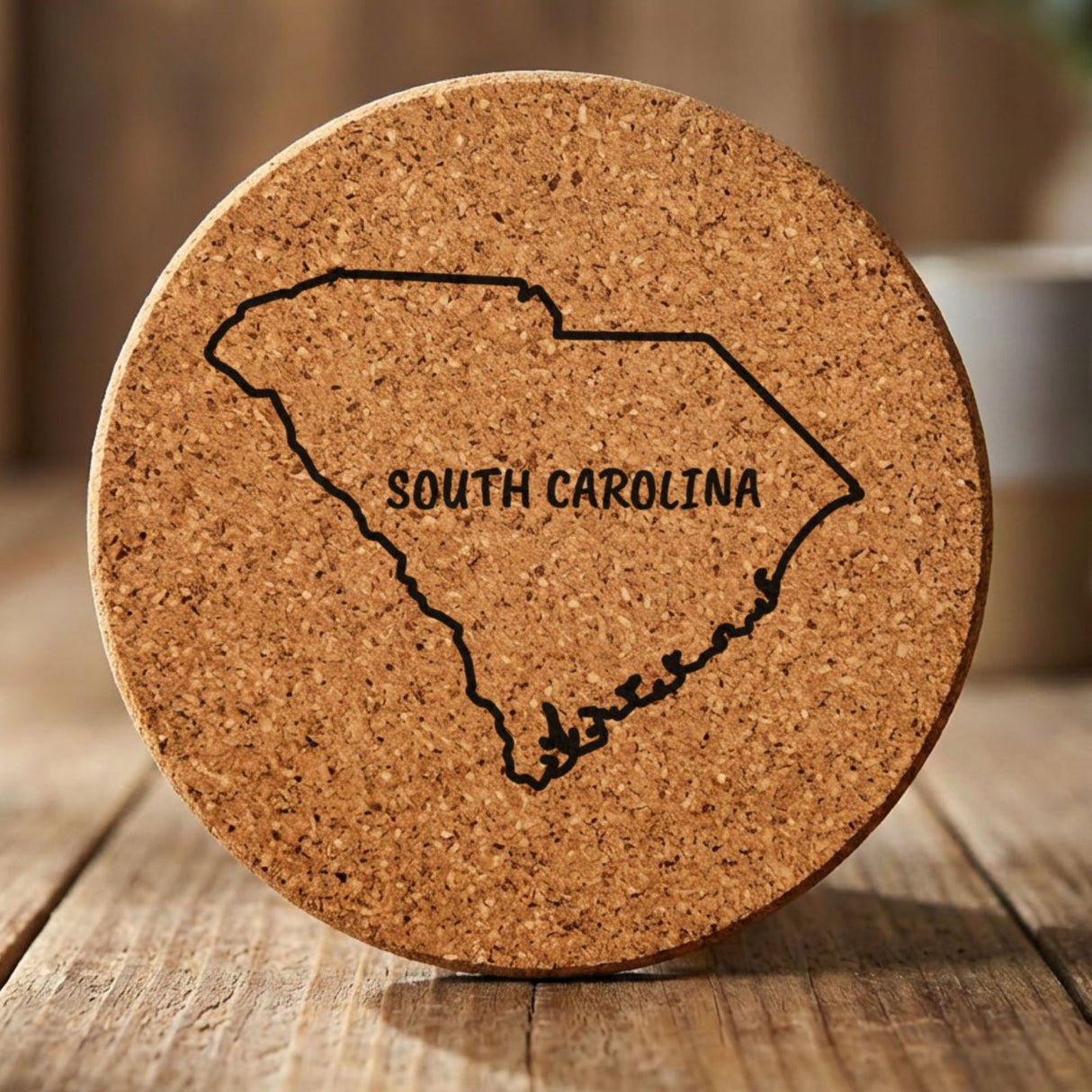 South Carolina round cork coaster engraved with the state outline and SOUTH CAROLINA in hand-drawn brush lettering