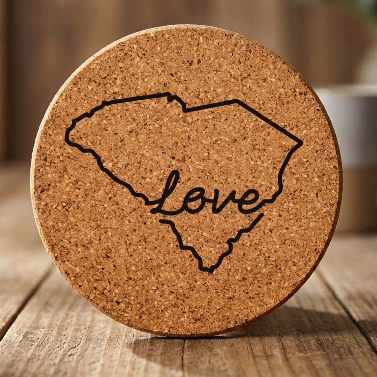 South Carolina round cork coaster engraved with a hand-drawn state outline and love in cursive