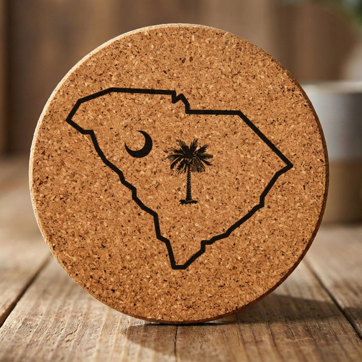 South Carolina round cork coaster engraved with the state outline, palmetto tree and crescent moon