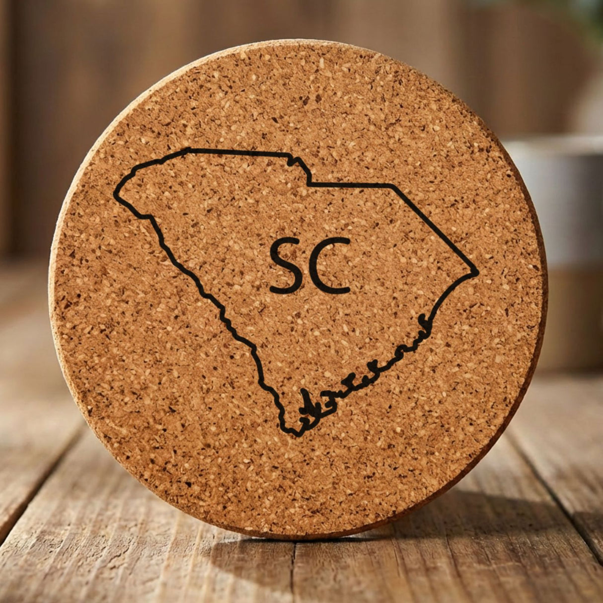 South Carolina round cork coaster engraved with the state outline and SC initials