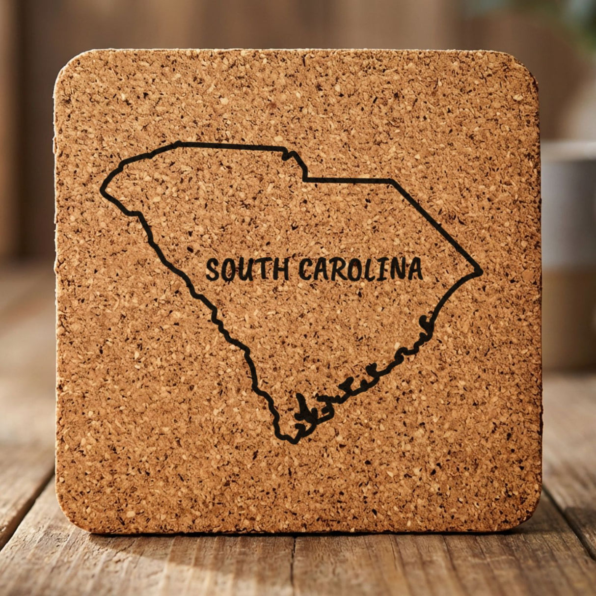 South Carolina square cork coaster engraved with the state outline and SOUTH CAROLINA in hand-drawn brush lettering