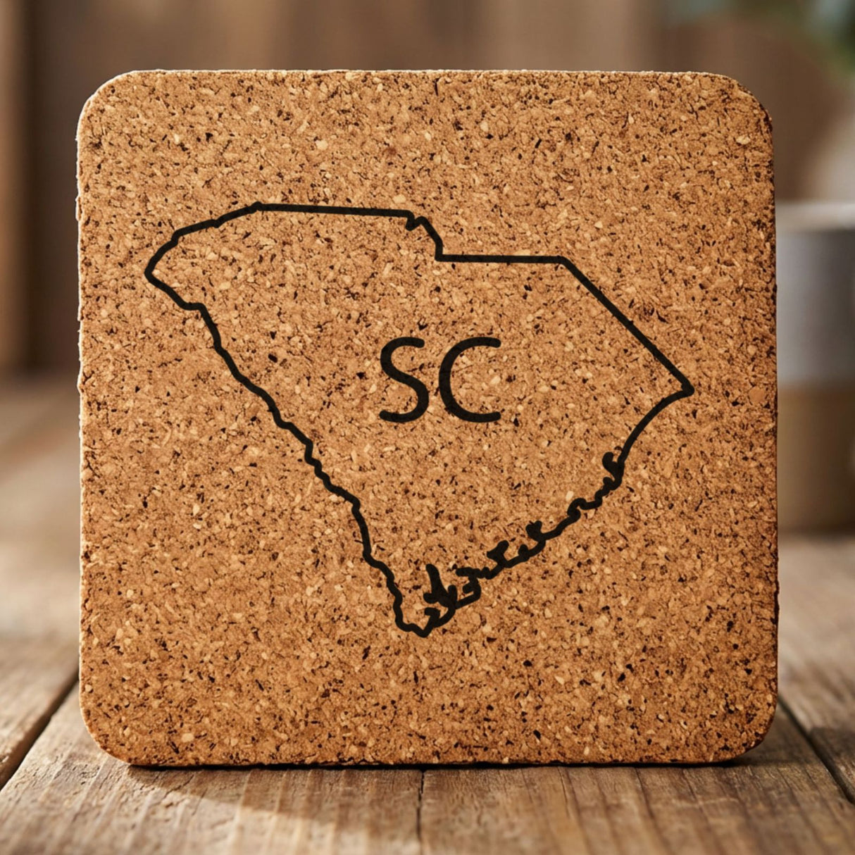 South Carolina square cork coaster engraved with the state outline and SC initials
