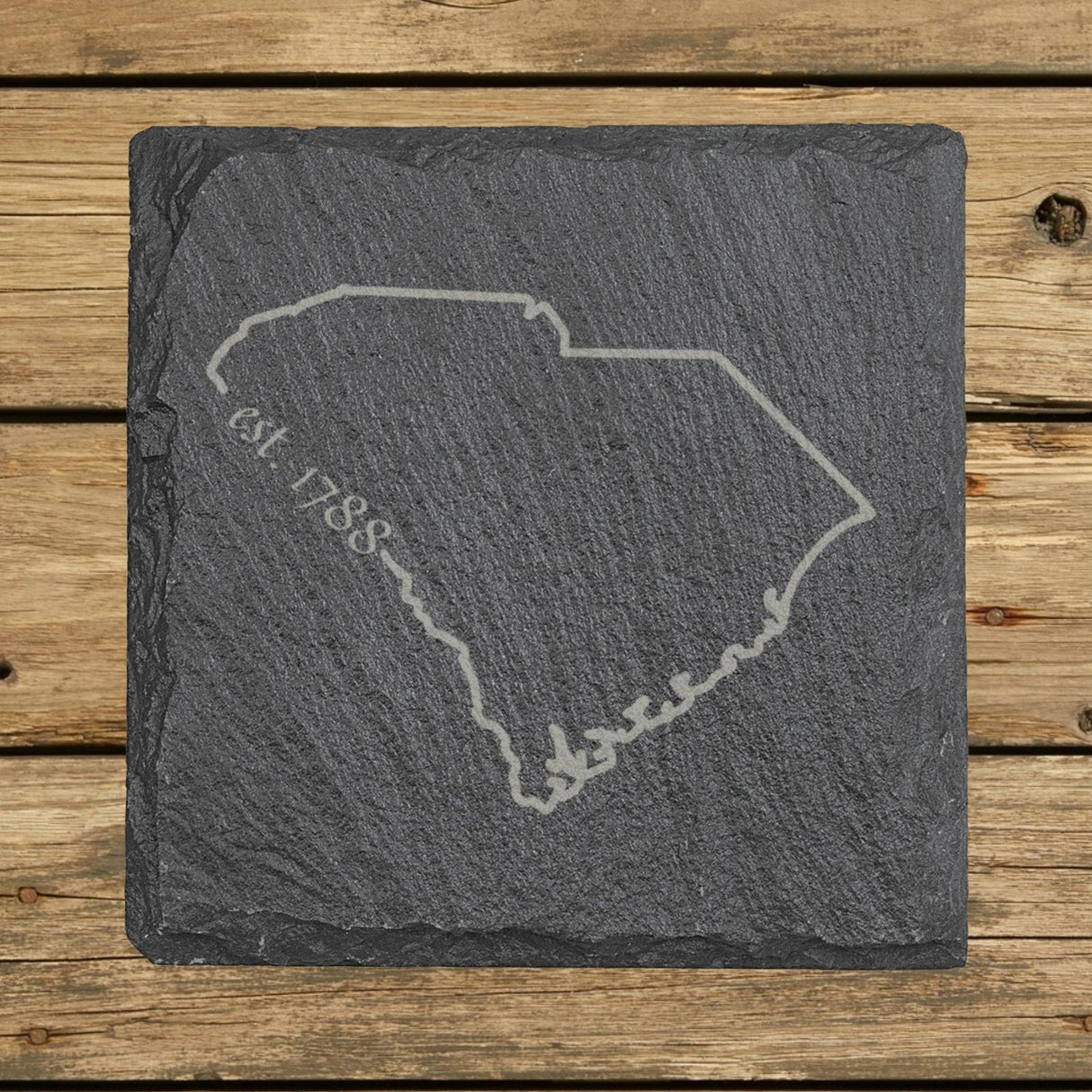 South Carolina square slate coaster engraved with the state outline and est. 1788