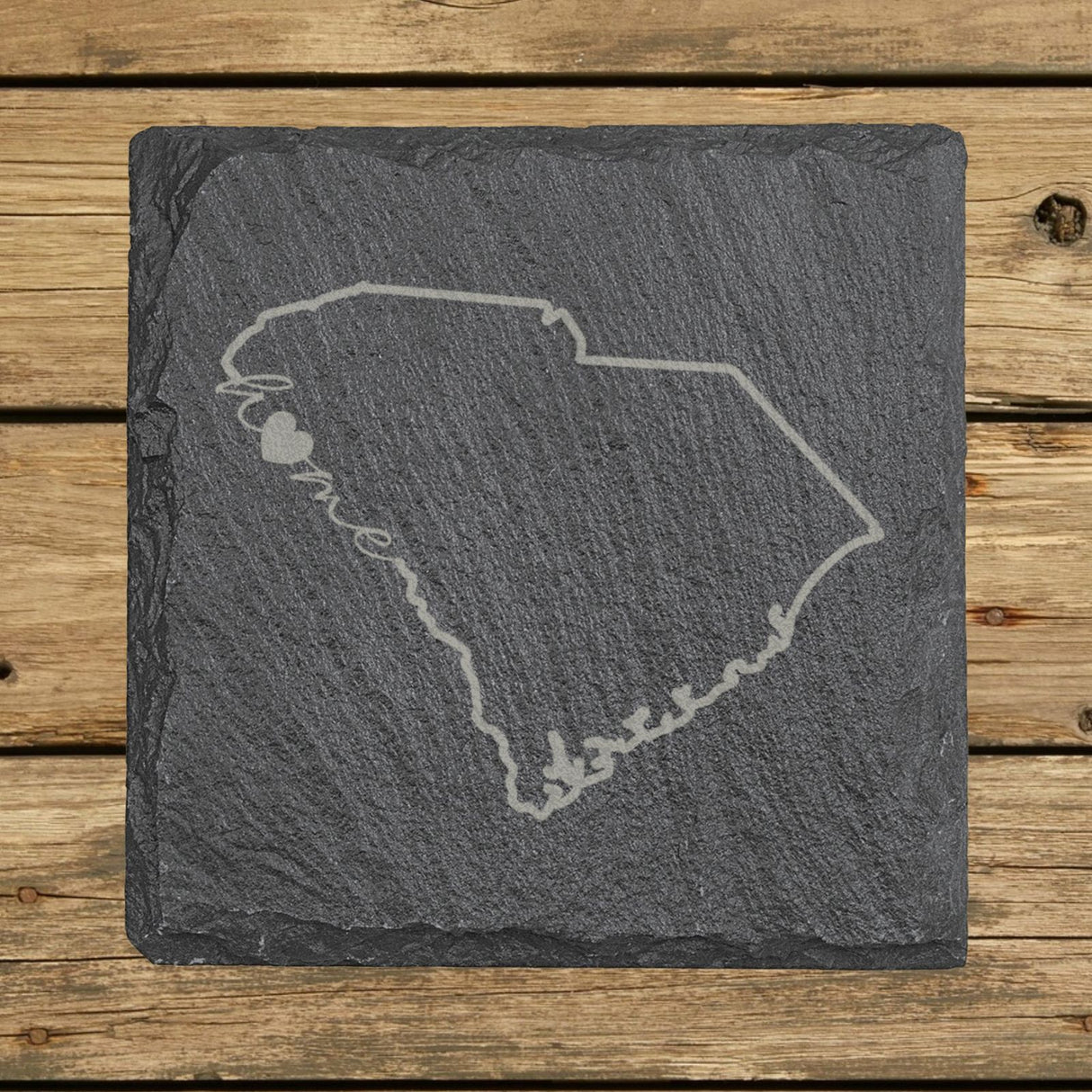 South Carolina square slate coaster engraved with the state outline and home in script with a heart