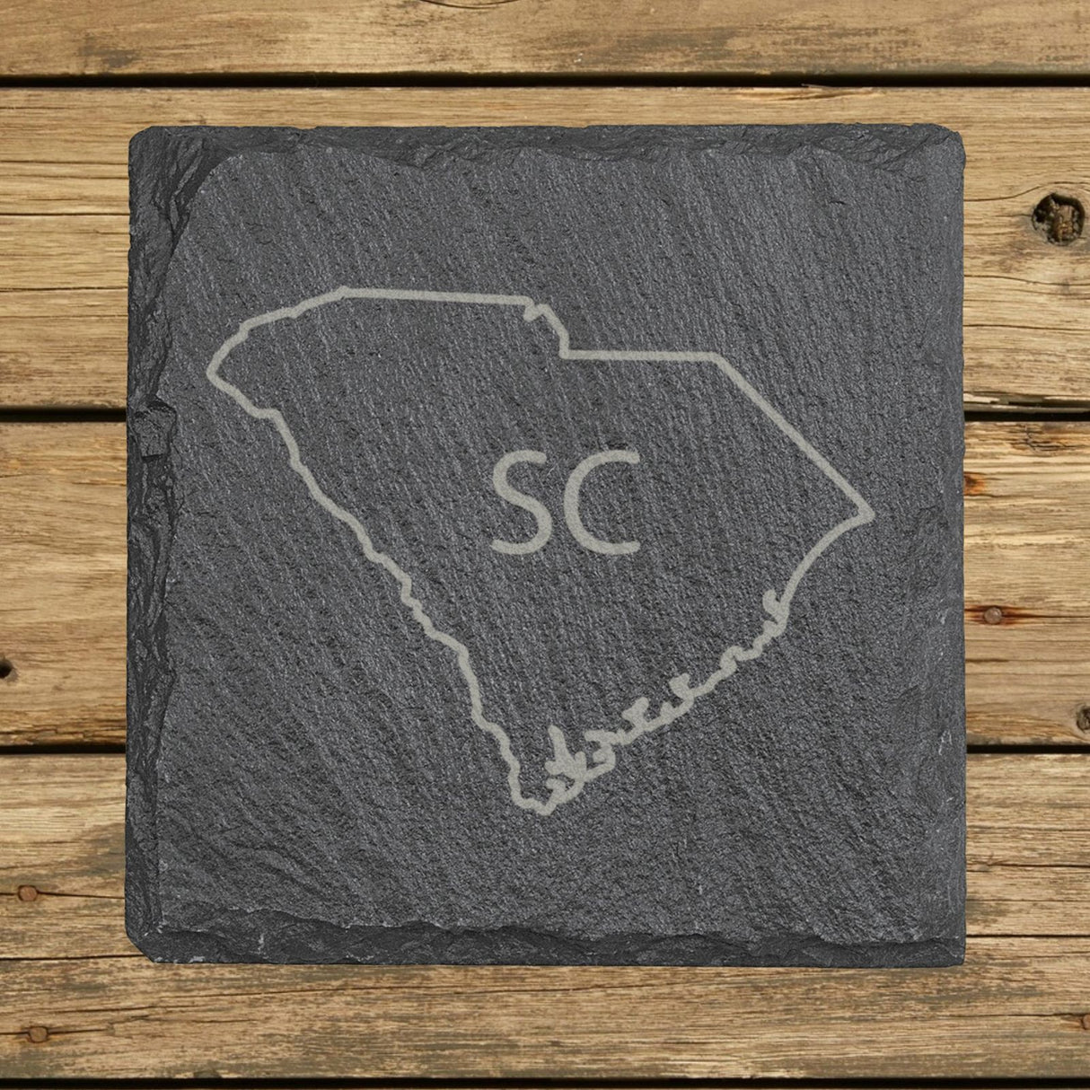 South Carolina square slate coaster engraved with the state outline and SC initials