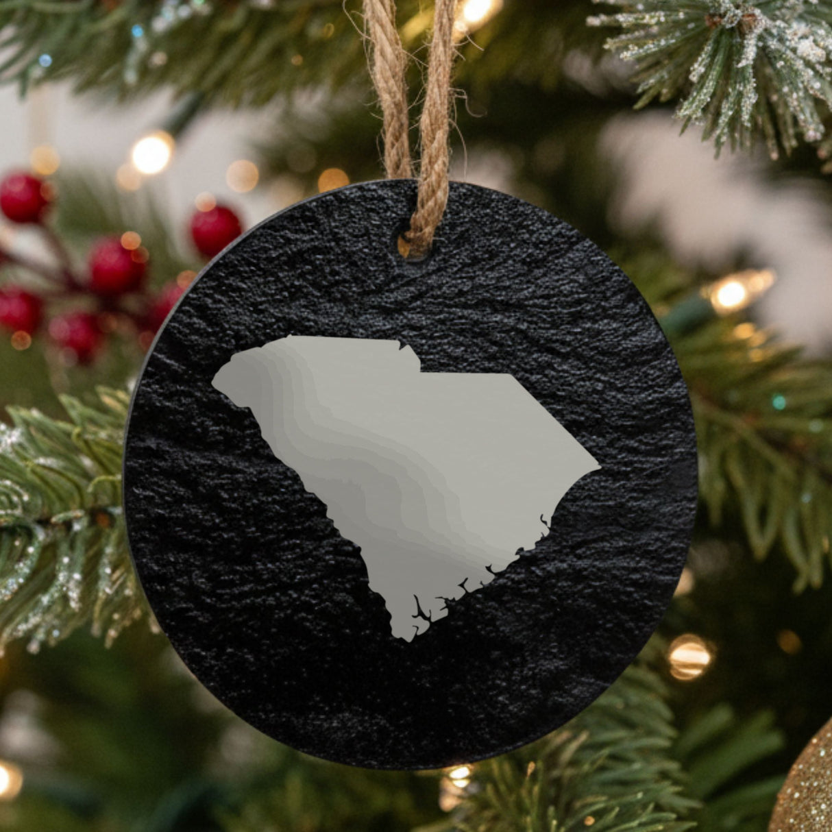 South Carolina round slate Christmas ornament with the full state shape engraved