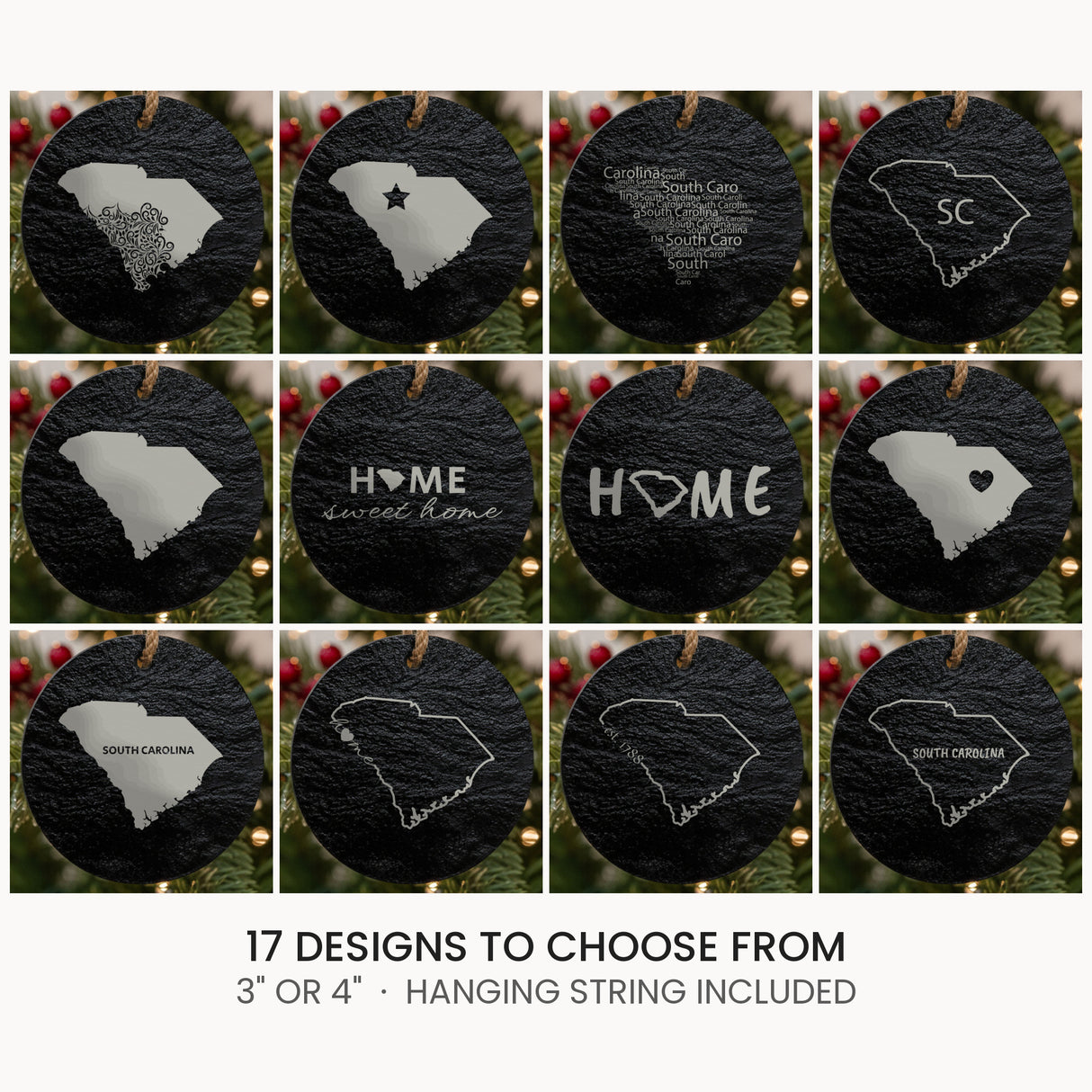 South Carolina slate Christmas ornament, laser engraved natural stone