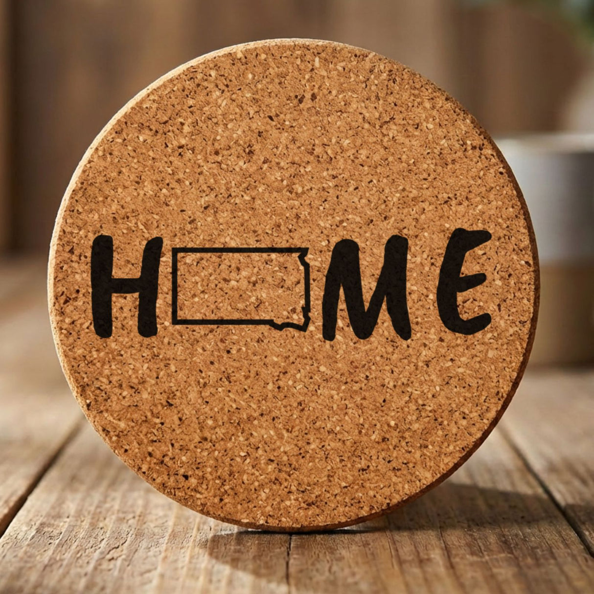 South Dakota round cork coaster engraved with HOME using the state outline as the letter O