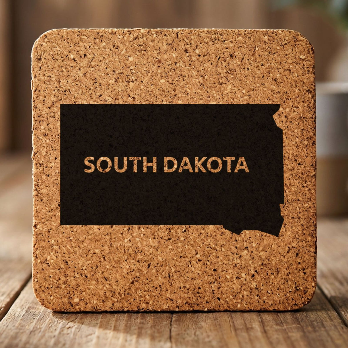 South Dakota square cork coaster engraved with the state shape and SOUTH DAKOTA in bold lettering