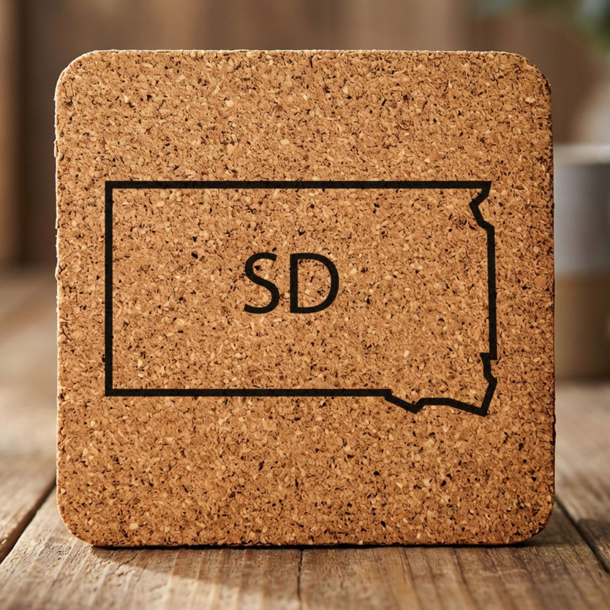 South Dakota square cork coaster engraved with the state outline and SD initials