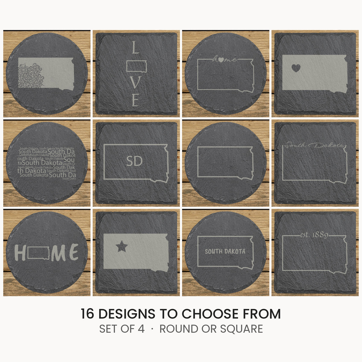 South Dakota slate coaster set, laser engraved natural stone