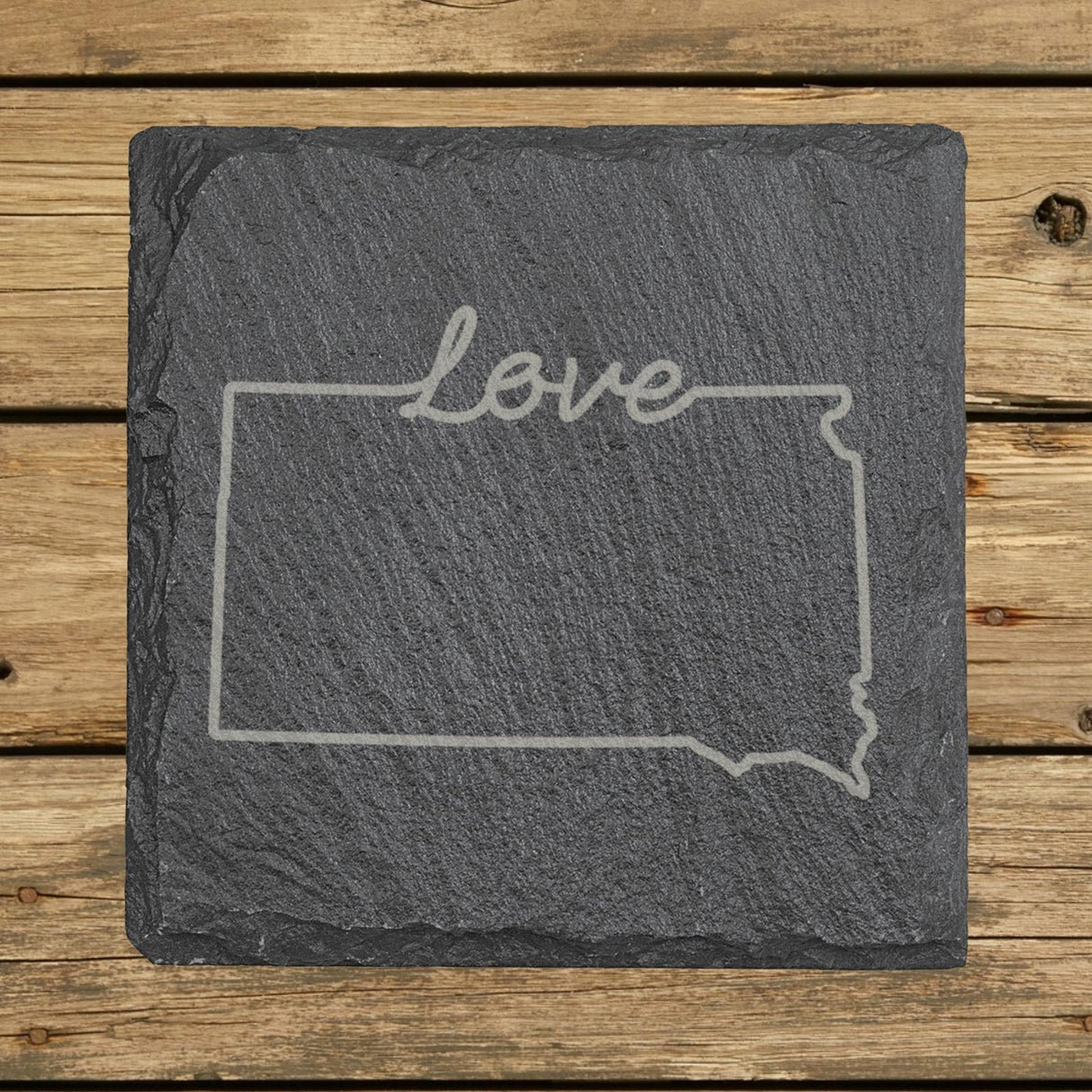 South Dakota square slate coaster engraved with a hand-drawn state outline and love in cursive