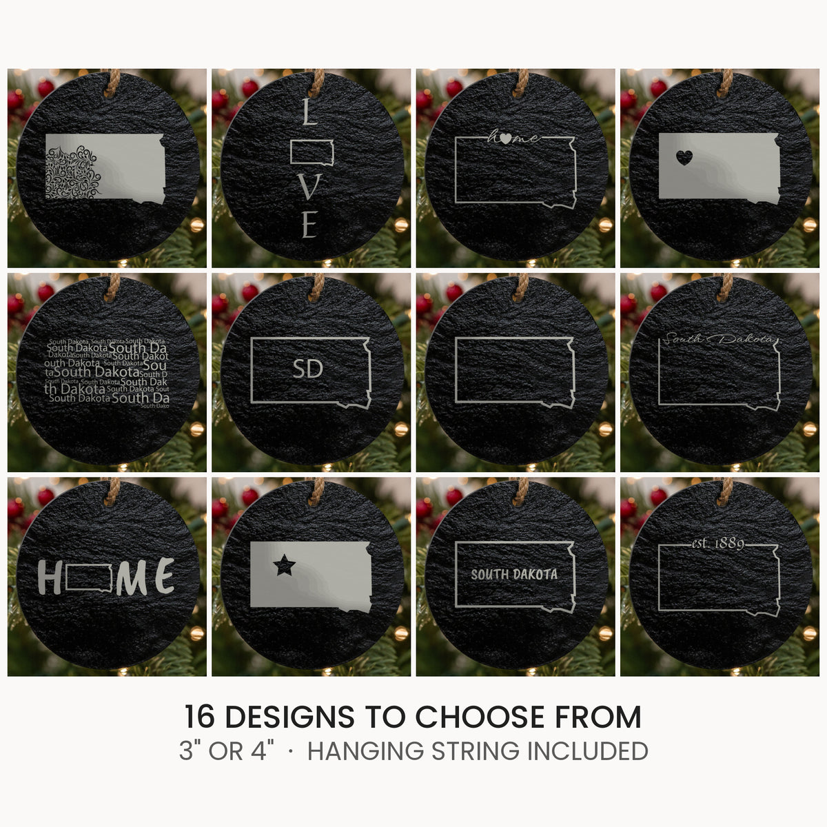 South Dakota slate Christmas ornament, laser engraved natural stone
