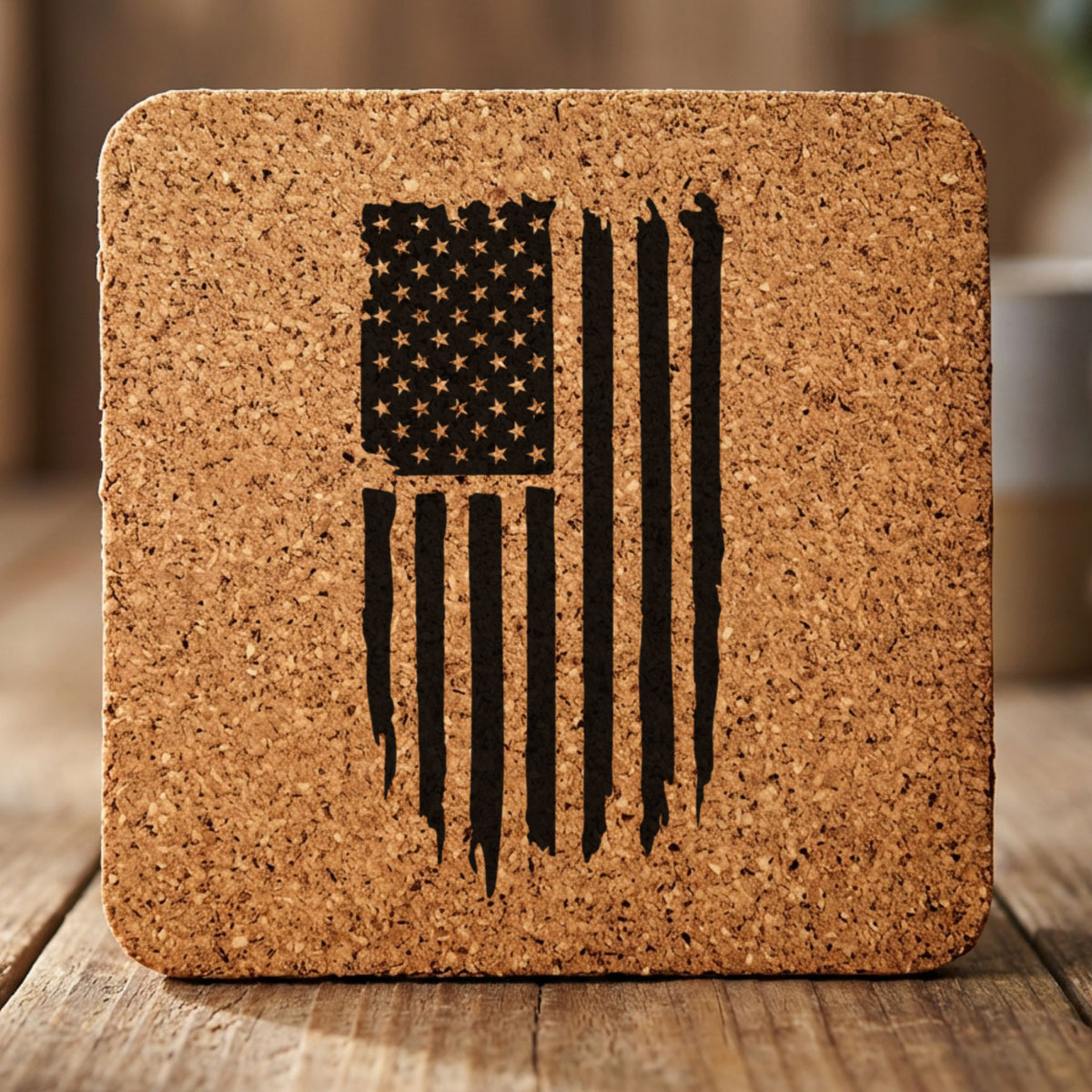 Square cork coaster laser engraved with an American flag, distressed vertical design