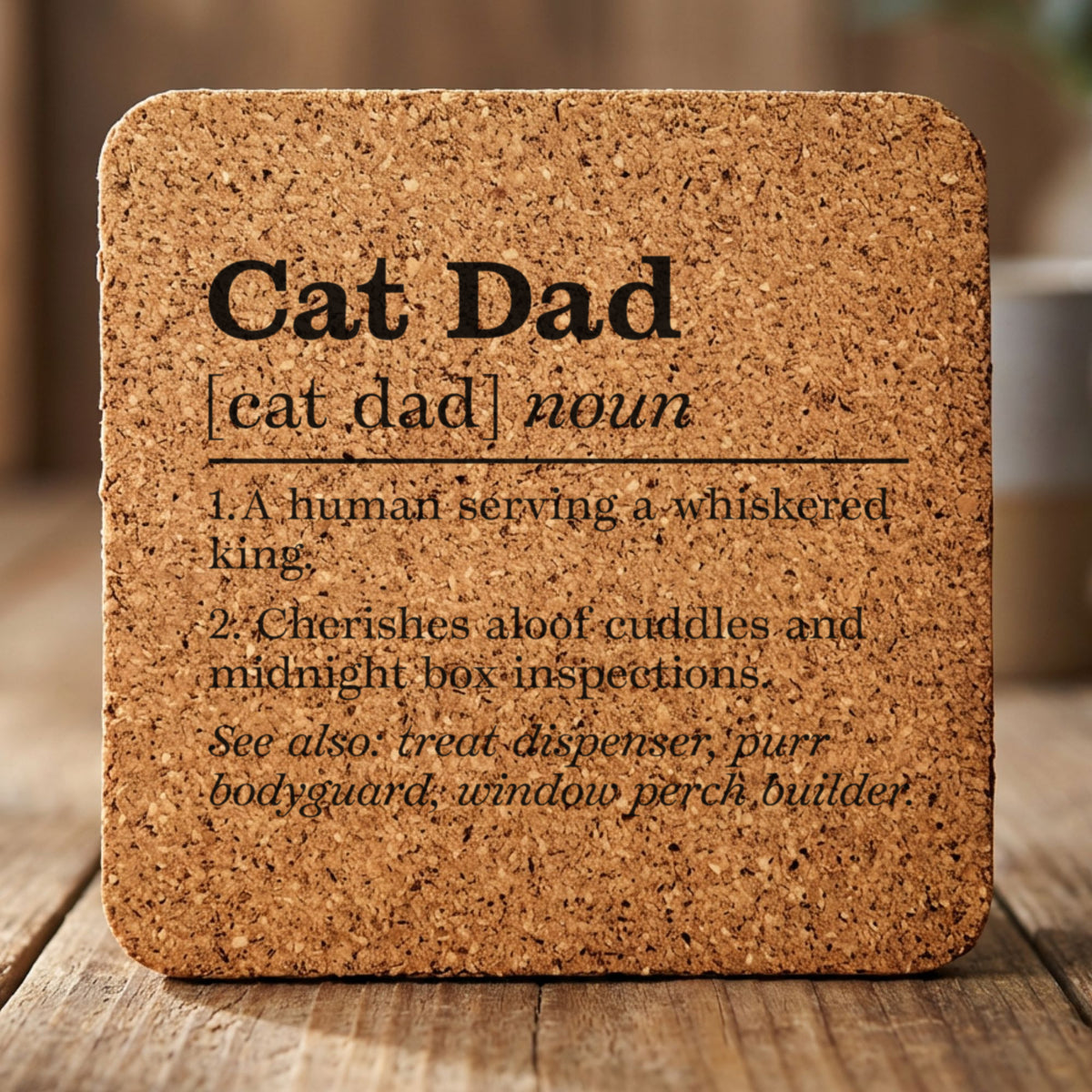 Square cork coaster laser engraved with the Cat Dad definition