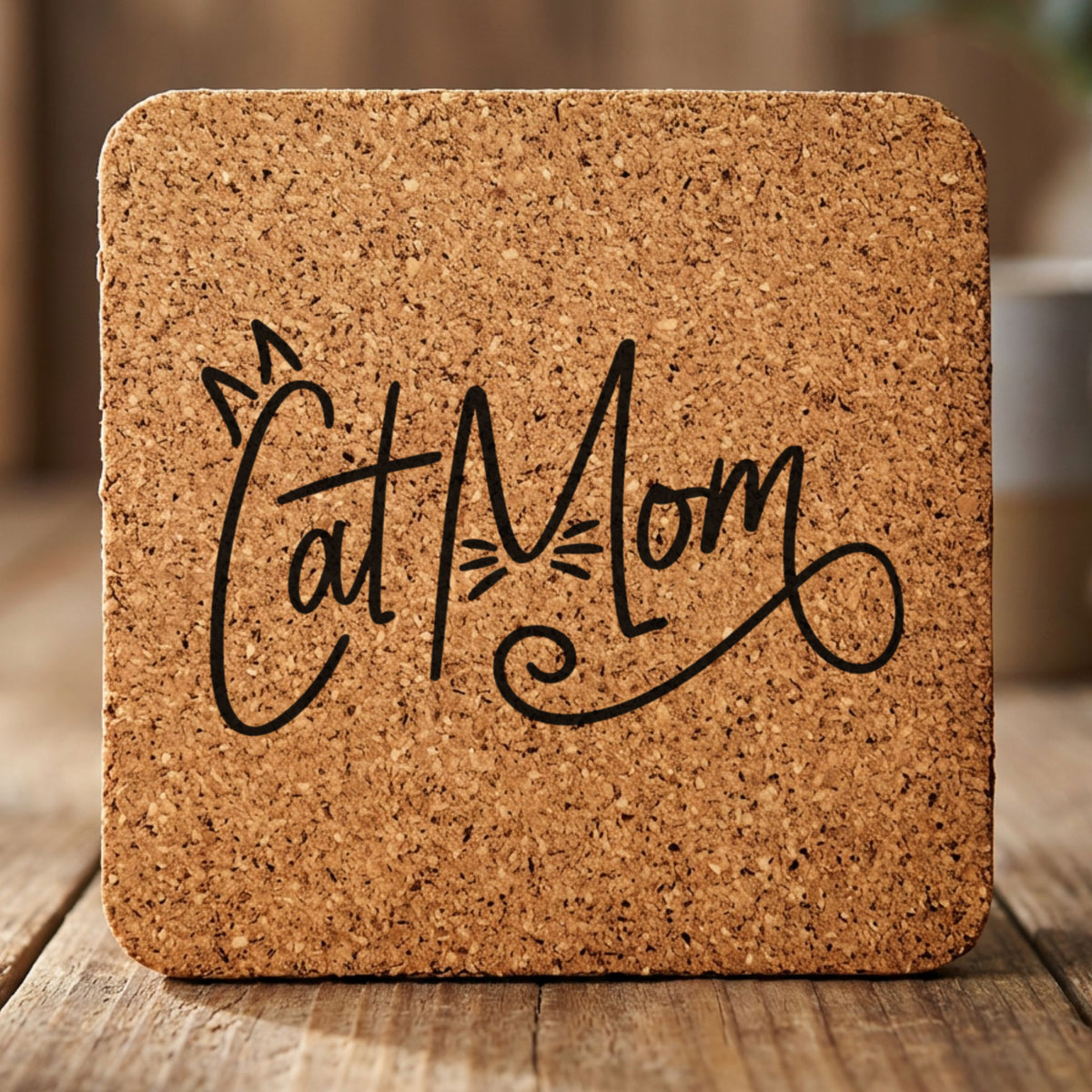 Square cork coaster laser engraved with "Cat Mom", script design