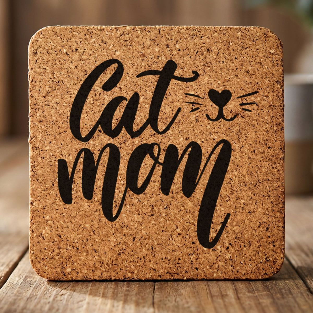 Square cork coaster laser engraved with "Cat Mom", whiskers design
