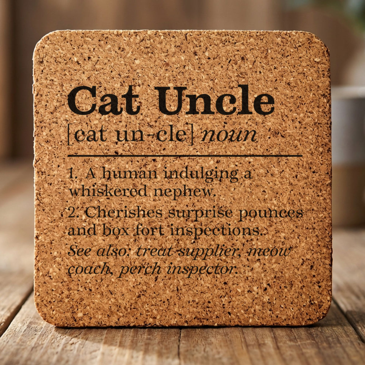 Square cork coaster laser engraved with the Cat Uncle definition