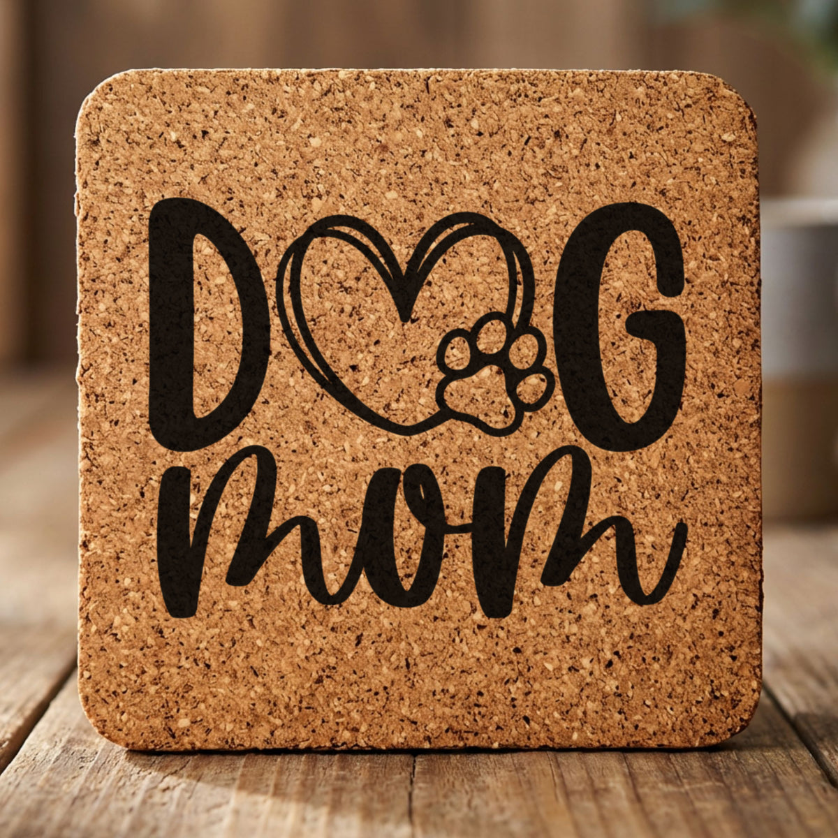 Square cork coaster laser engraved with a hand drawn Dog Mom heart and paw design