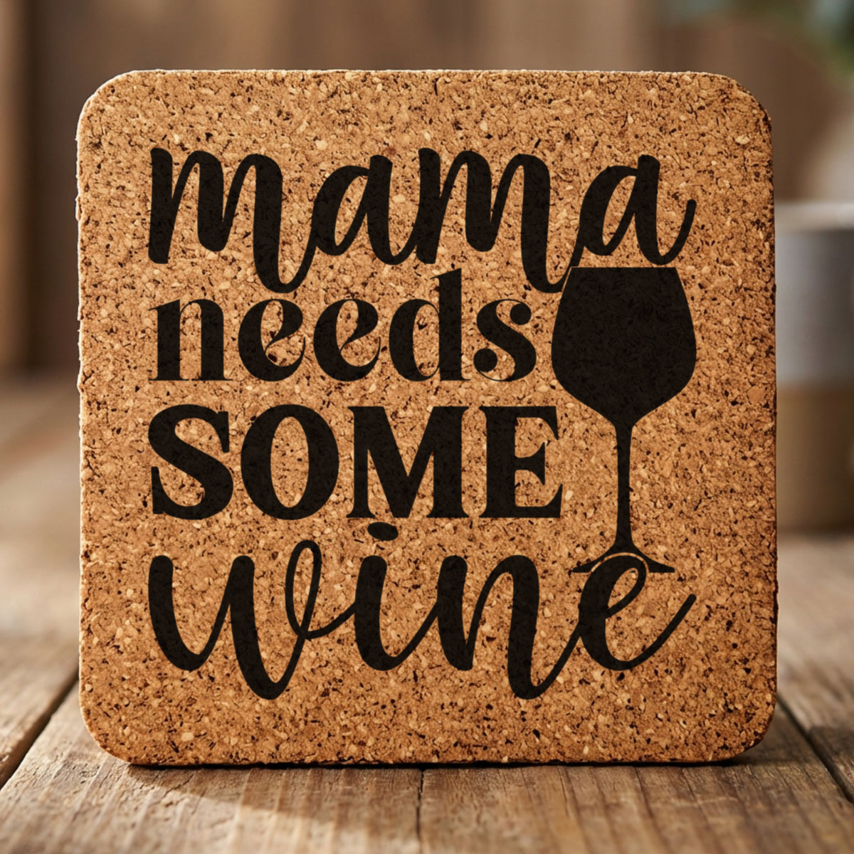 Square cork coaster laser engraved with "Mama Needs Some Wine"