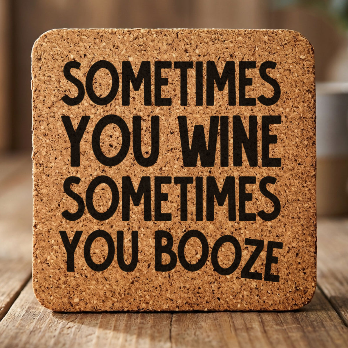 Square cork coaster laser engraved with "Sometimes You Wine, Sometimes You Booze"