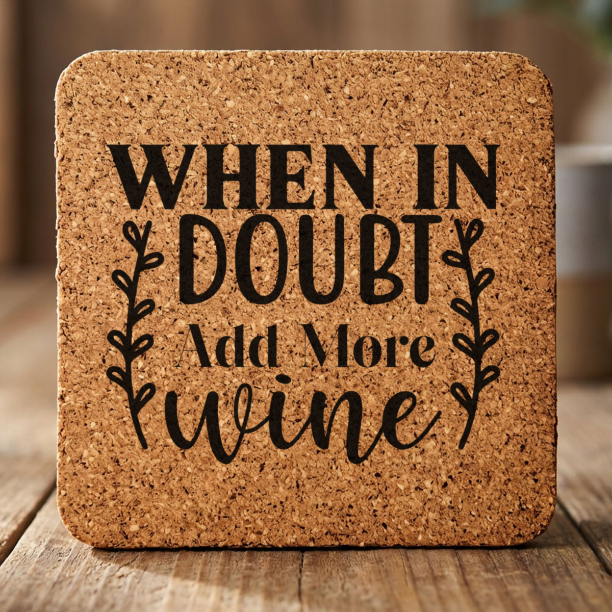 Square cork coaster laser engraved with "When in Doubt, Add More Wine", wreath design
