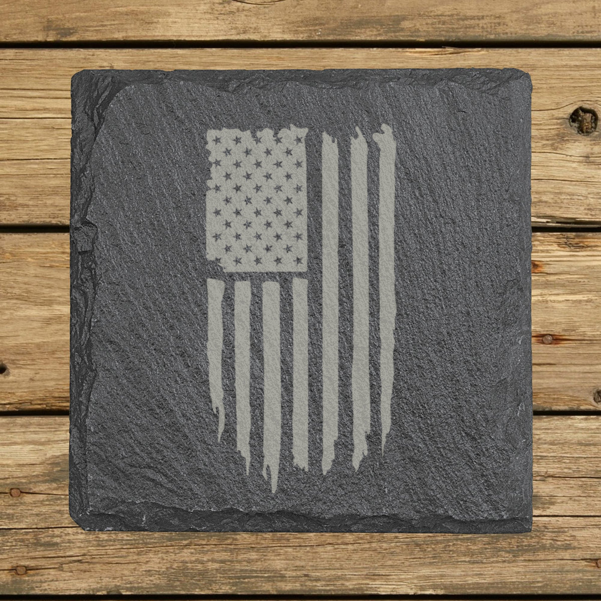 Square slate coaster laser engraved with an American flag, distressed vertical design