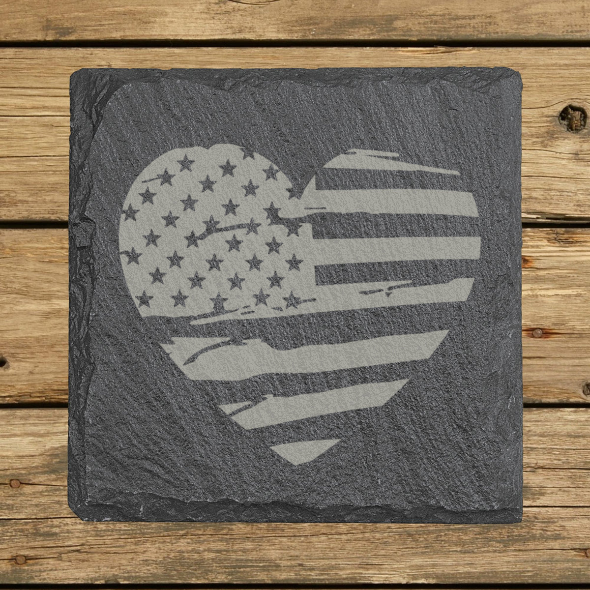 Square slate coaster laser engraved with an American flag, heart design
