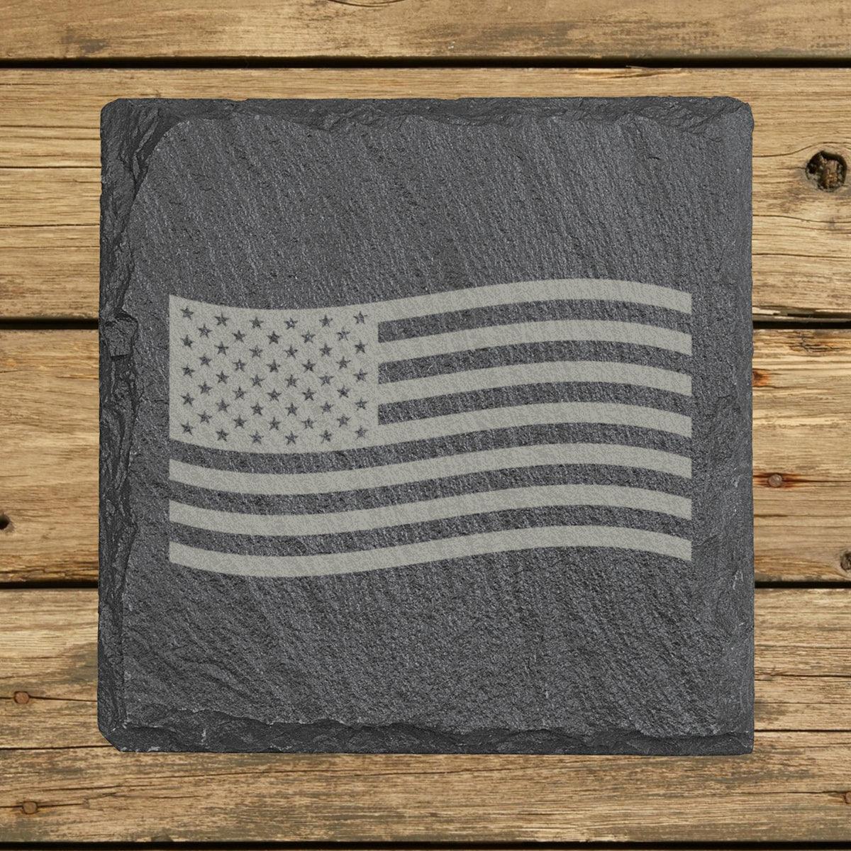 Square slate coaster laser engraved with an American flag, waving design
