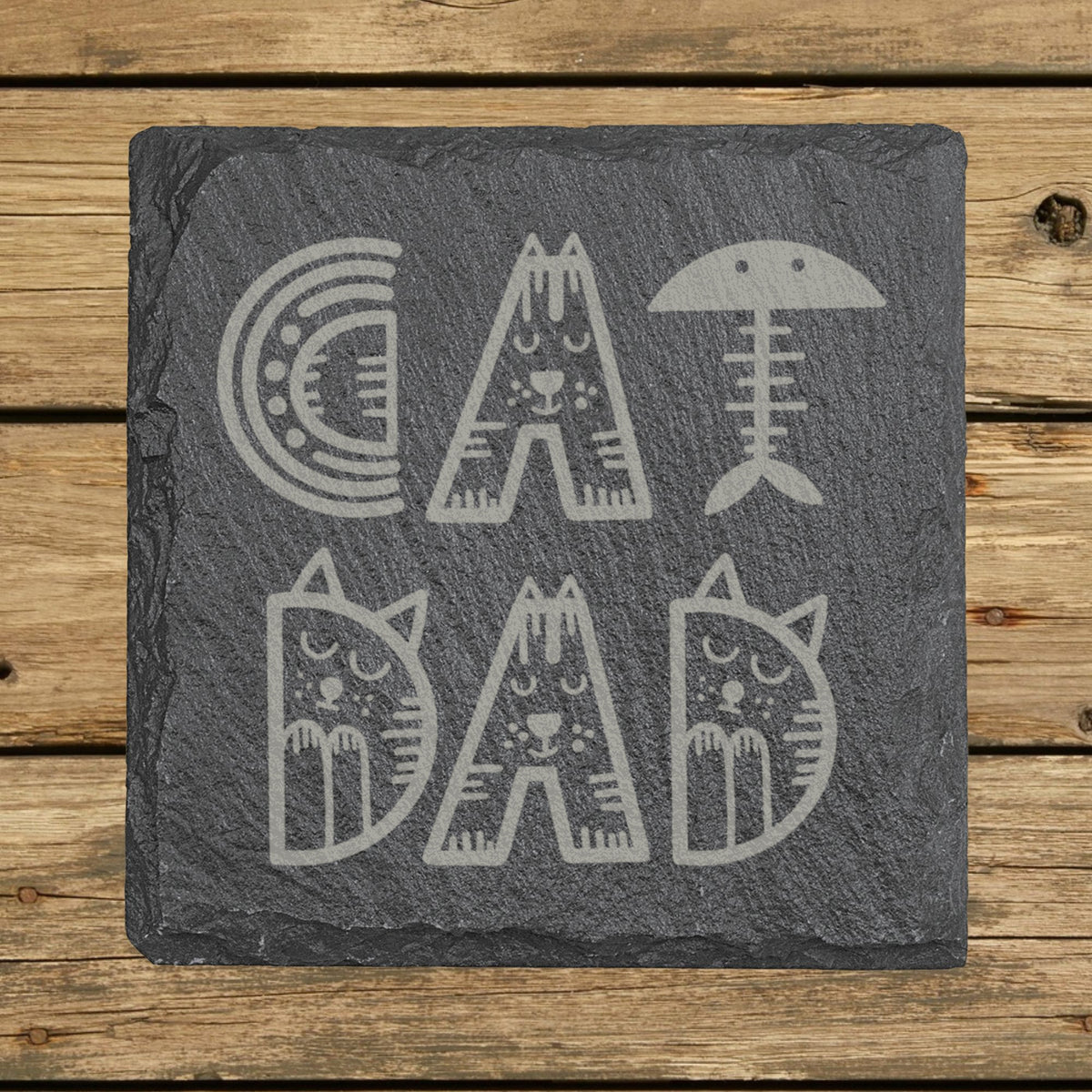 Square slate coaster laser engraved with "Cat Dad", illustrated design