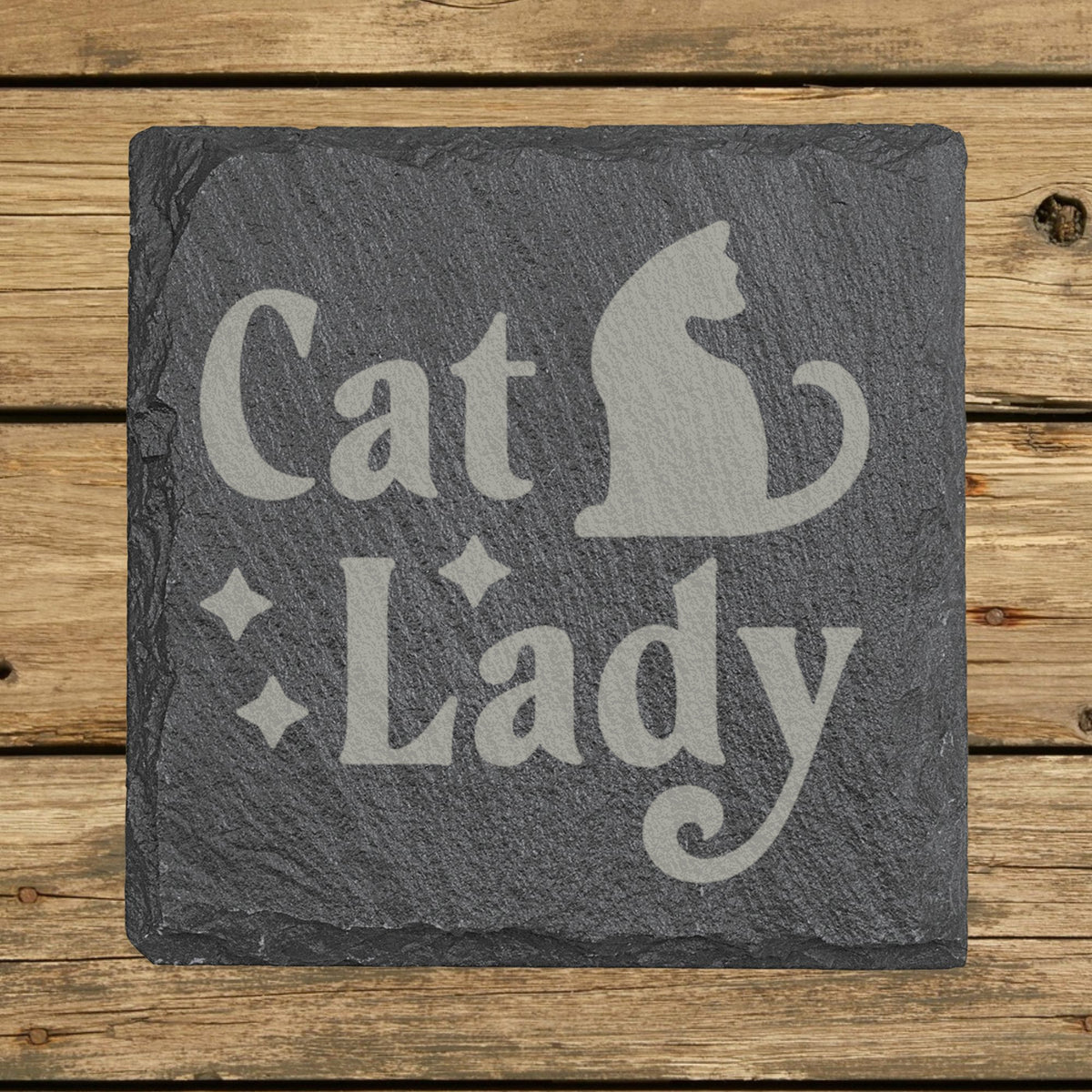 Square slate coaster laser engraved with "Cat Lady"