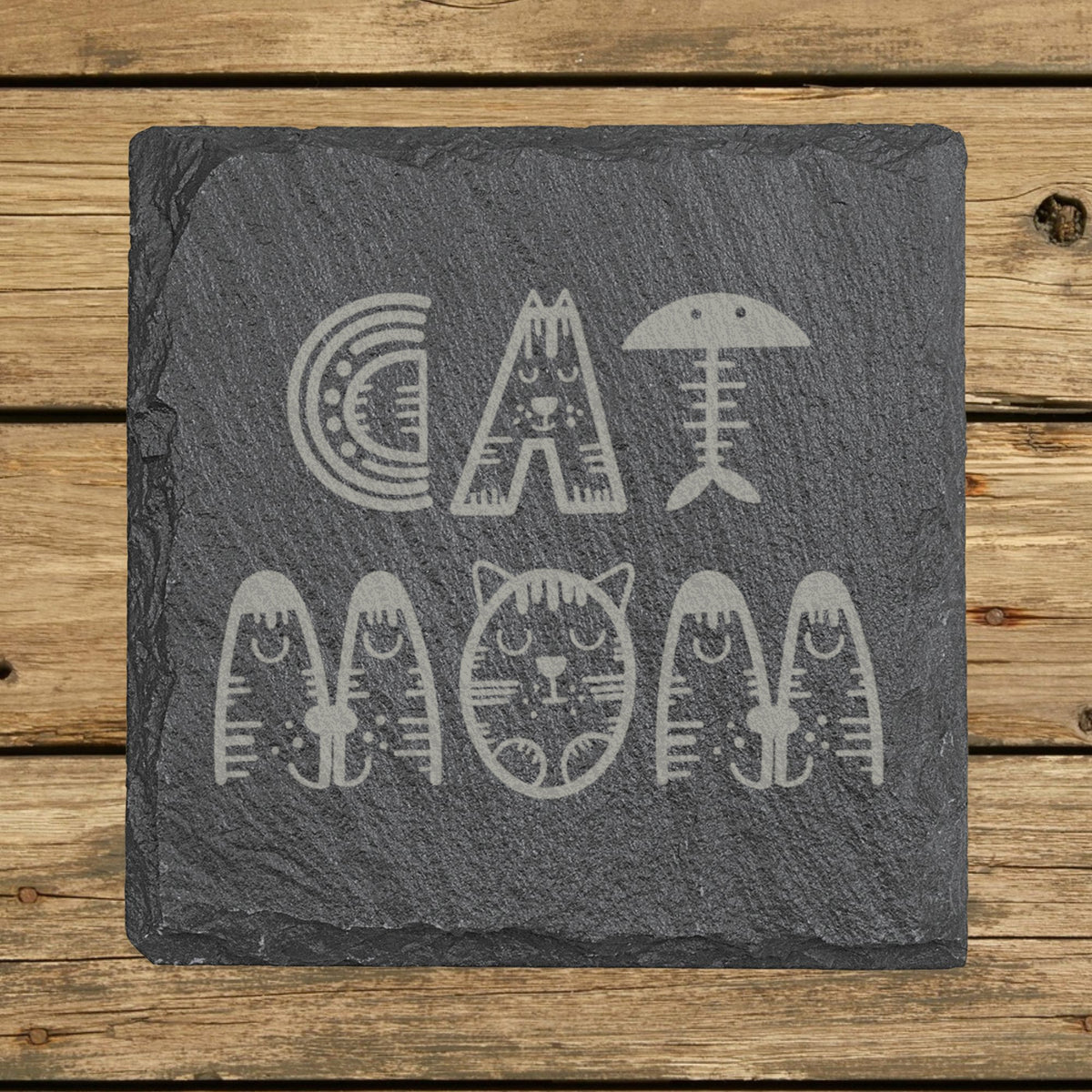 Square slate coaster laser engraved with "Cat Mom", illustrated design