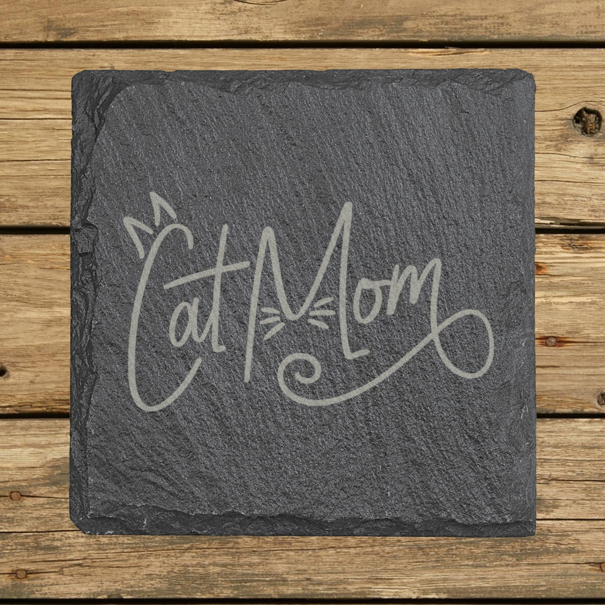 Square slate coaster laser engraved with "Cat Mom", script design