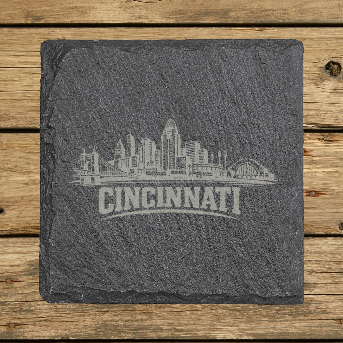 Square slate coaster laser engraved with the Cincinnati, Ohio skyline