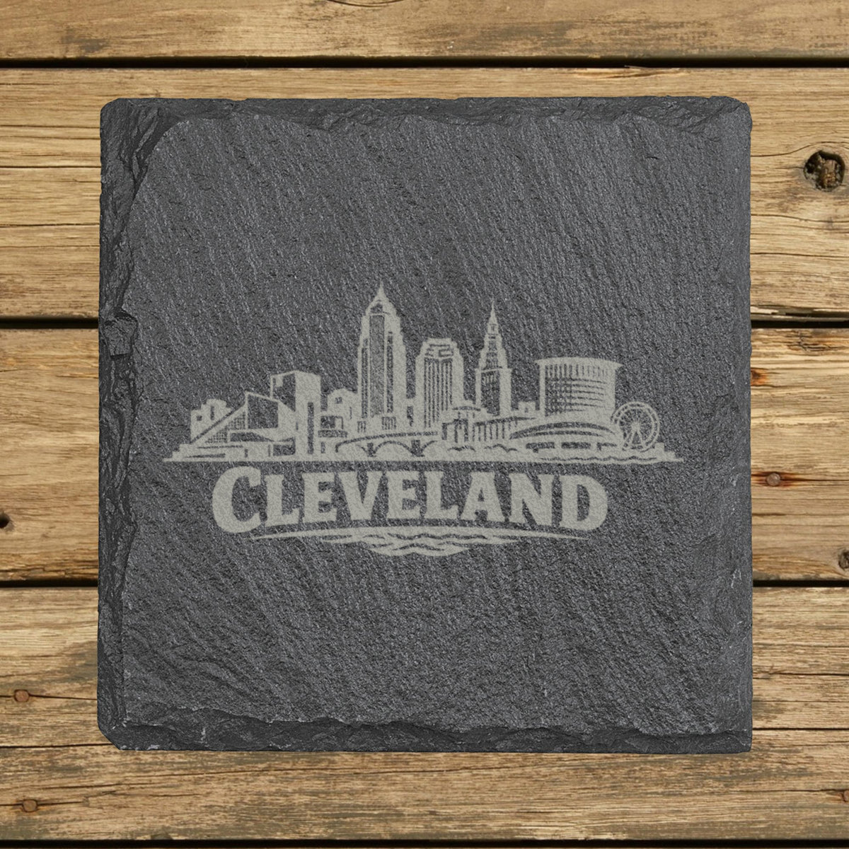 Square slate coaster laser engraved with the Cleveland, Ohio skyline
