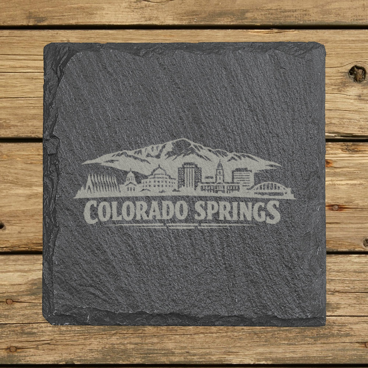 Square slate coaster laser engraved with the Colorado Springs, Colorado skyline