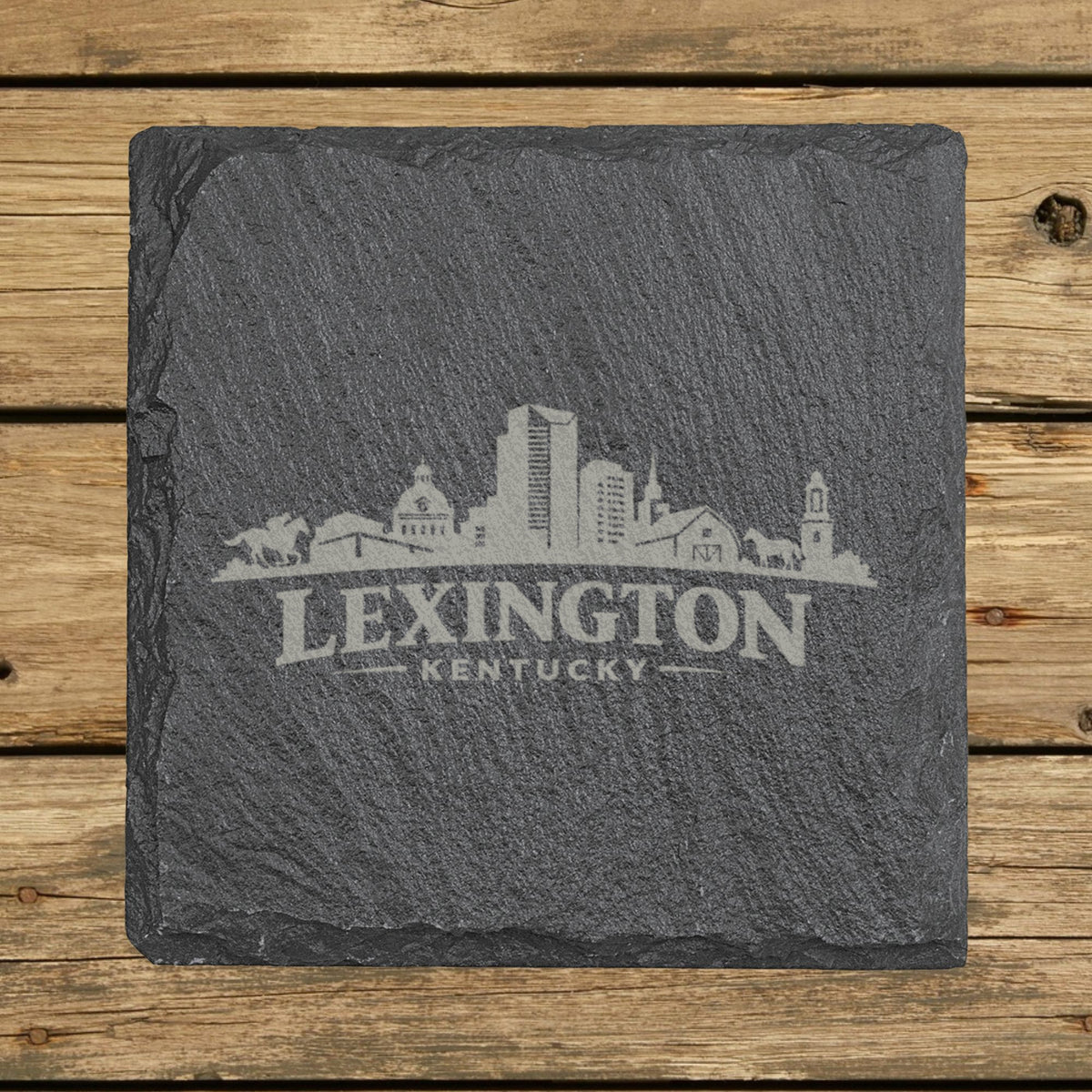 Square slate coaster laser engraved with the Lexington, Kentucky skyline