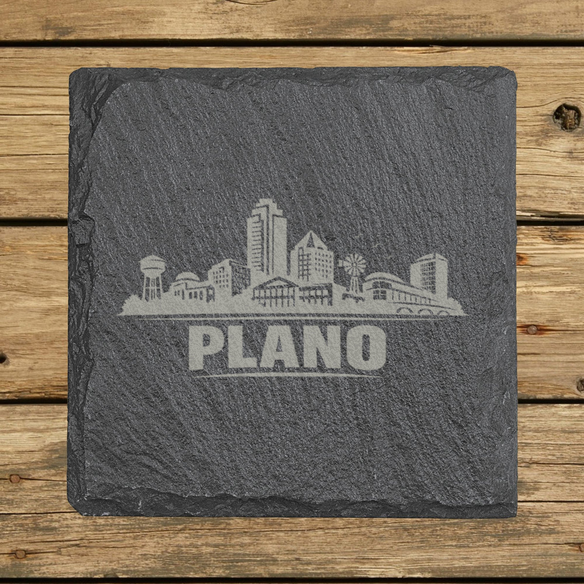 Square slate coaster laser engraved with the Plano, Texas skyline