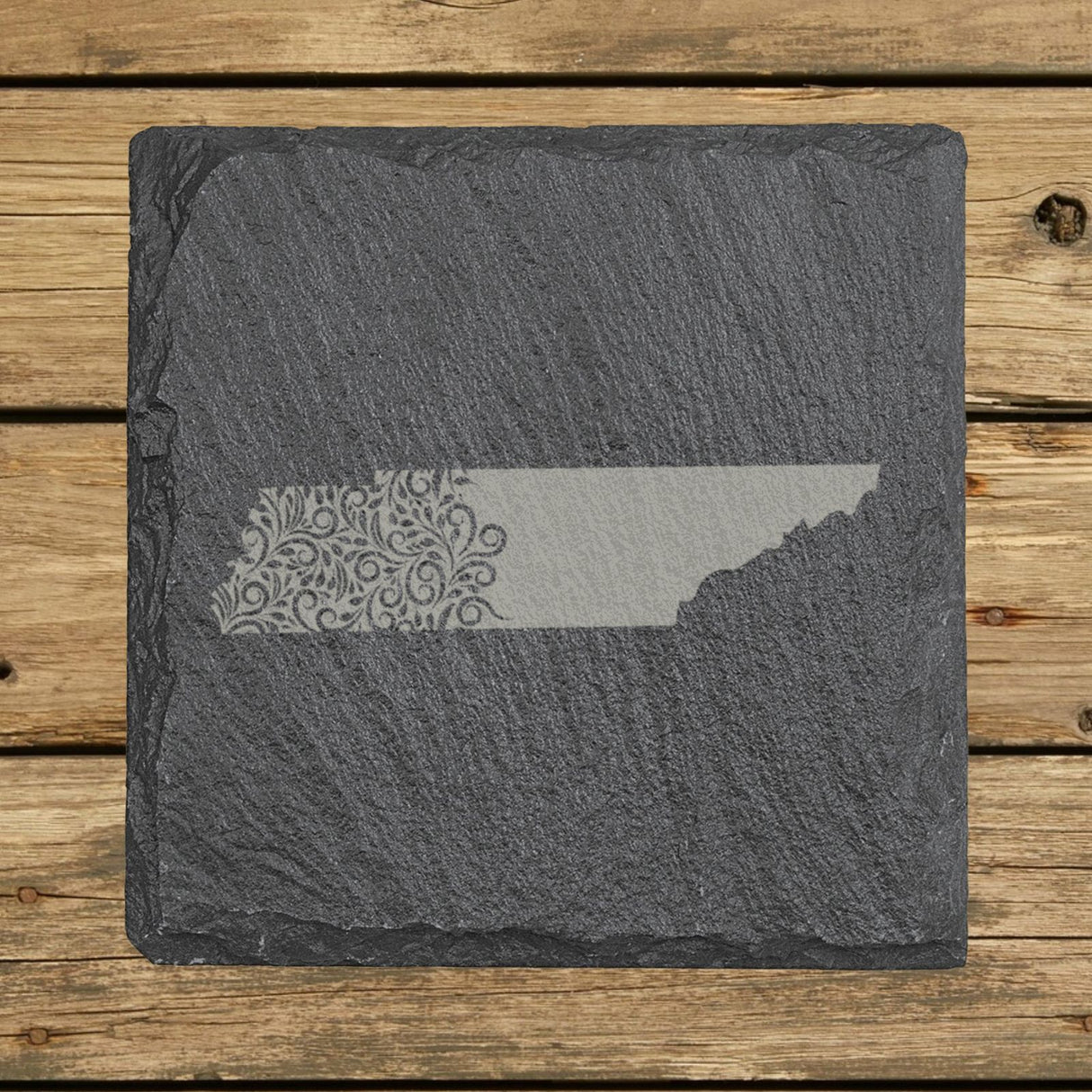 Tennessee square slate coaster engraved with the state shape in ornate floral scrollwork