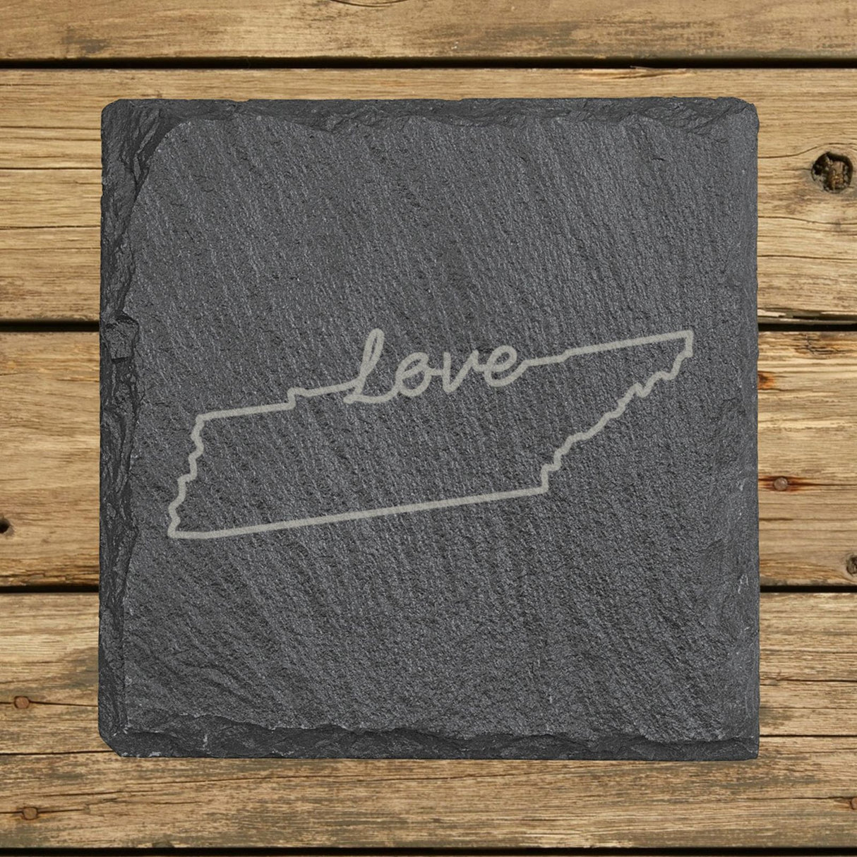 Tennessee square slate coaster engraved with a hand-drawn state outline and love in cursive