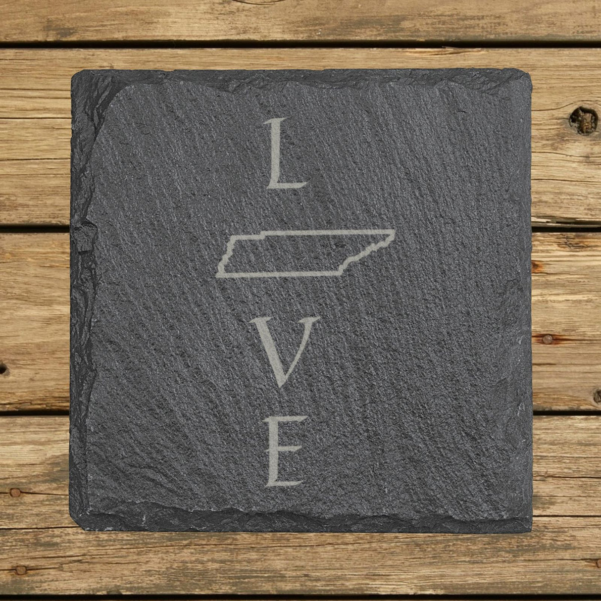 Tennessee square slate coaster engraved with LOVE stacked vertically using the state as the letter O