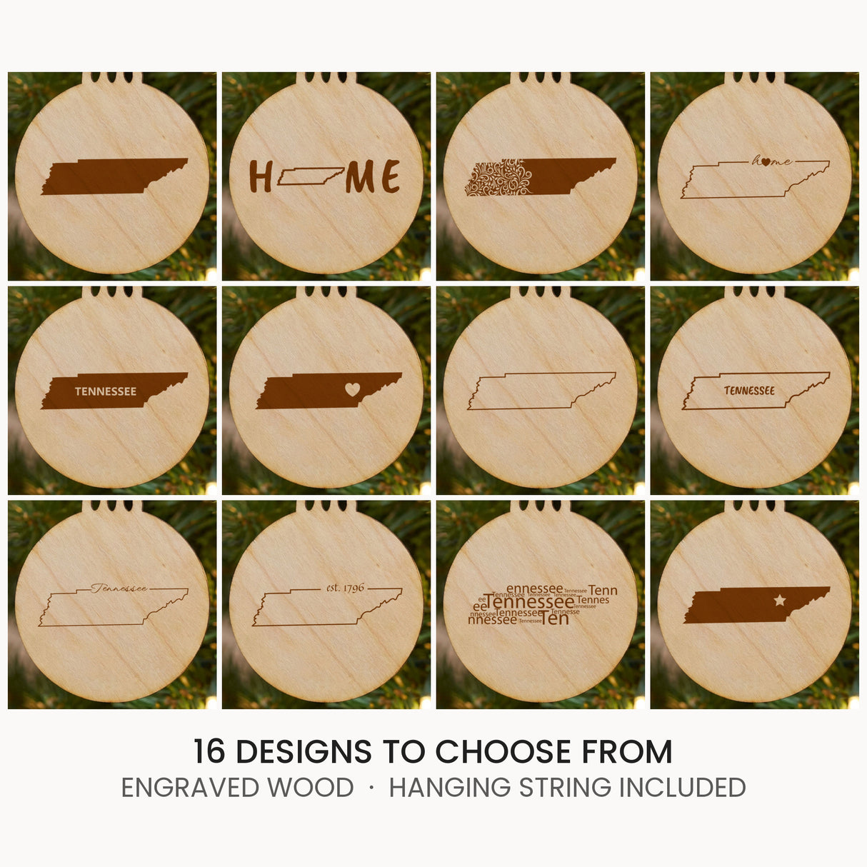 Tennessee wood Christmas ornament, laser engraved natural wood