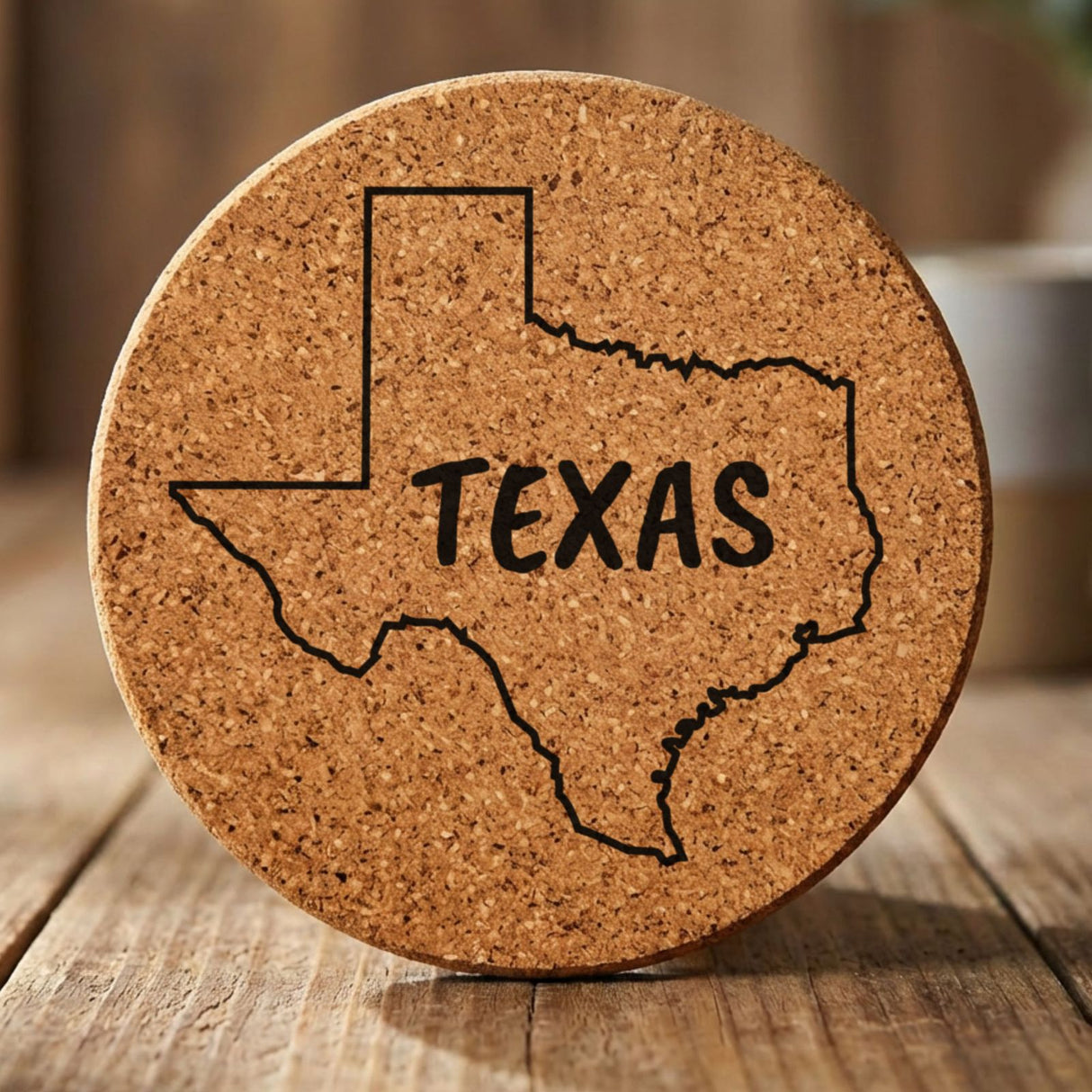 Texas round cork coaster engraved with the state outline and TEXAS in hand-drawn brush lettering