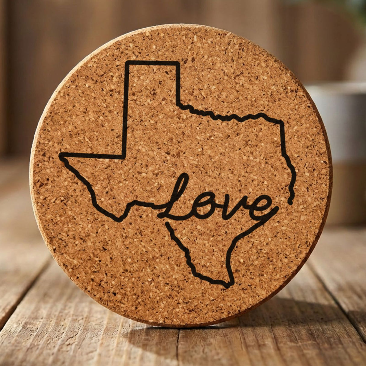 Texas round cork coaster engraved with a hand-drawn state outline and love in cursive