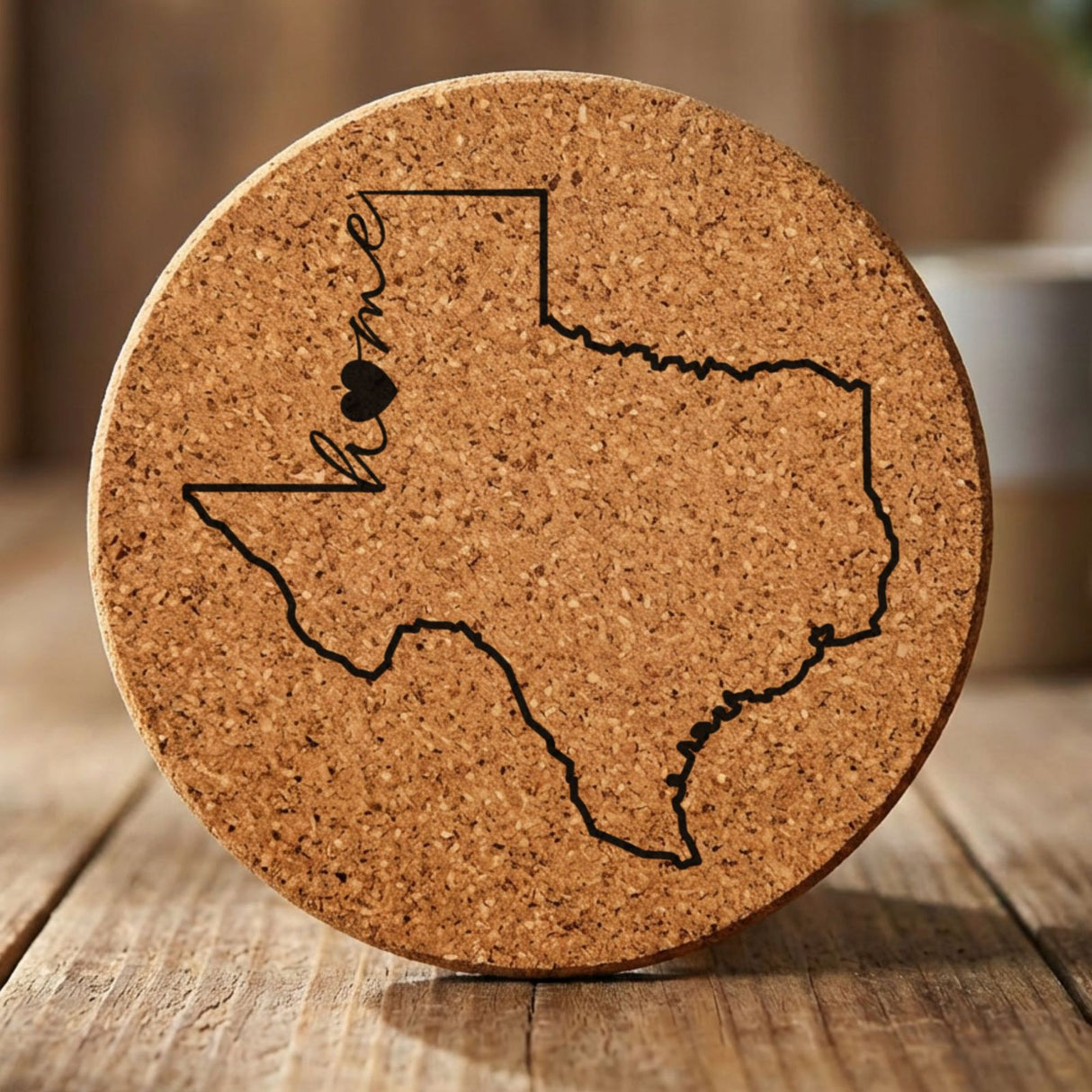 Texas round cork coaster engraved with the state outline and home in script with a heart