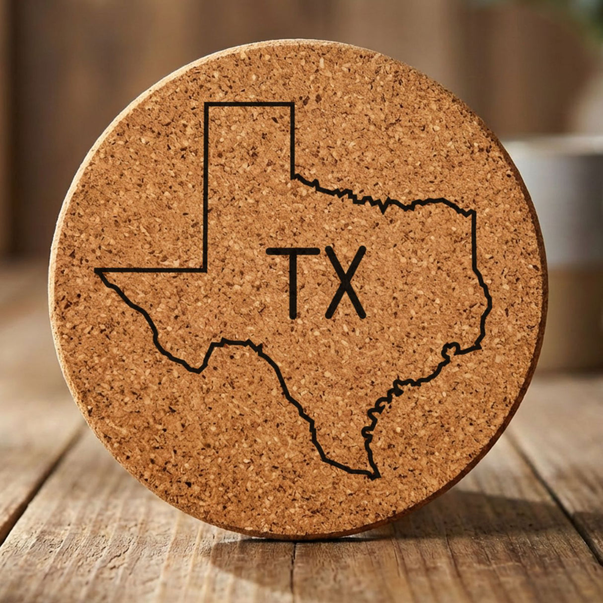 Texas round cork coaster engraved with the state outline and TX initials